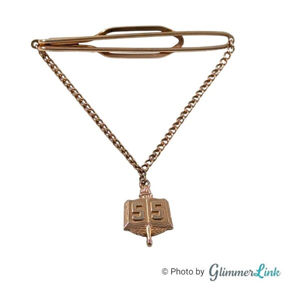 VTG Hickok Dangling Chain Open Book Torch Number 55 Charm Gold Tone Tie Bar Clip - Picture 1 of 10